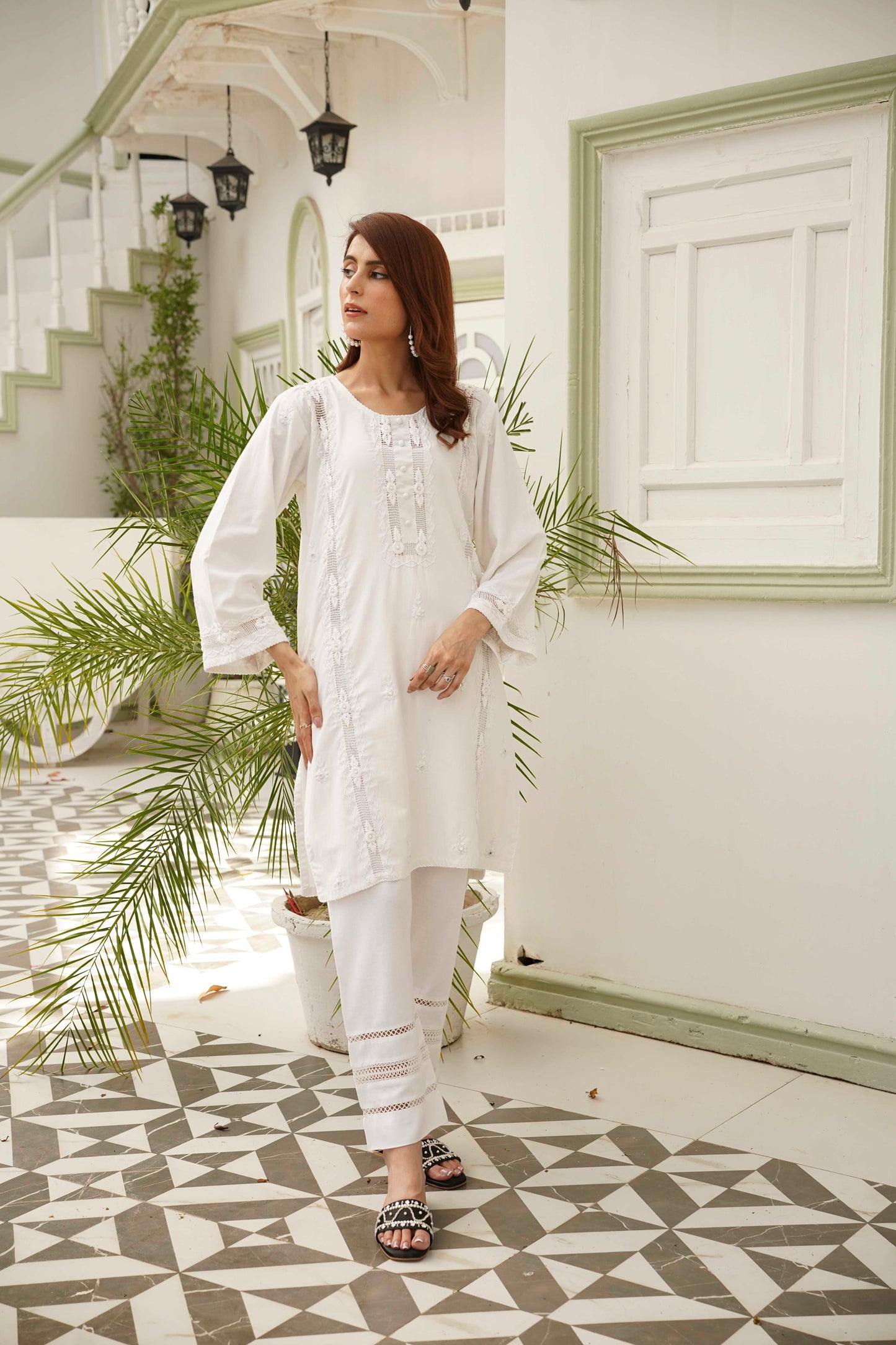 White Tarkashi Embroidered Trouser by Rameen Roshany