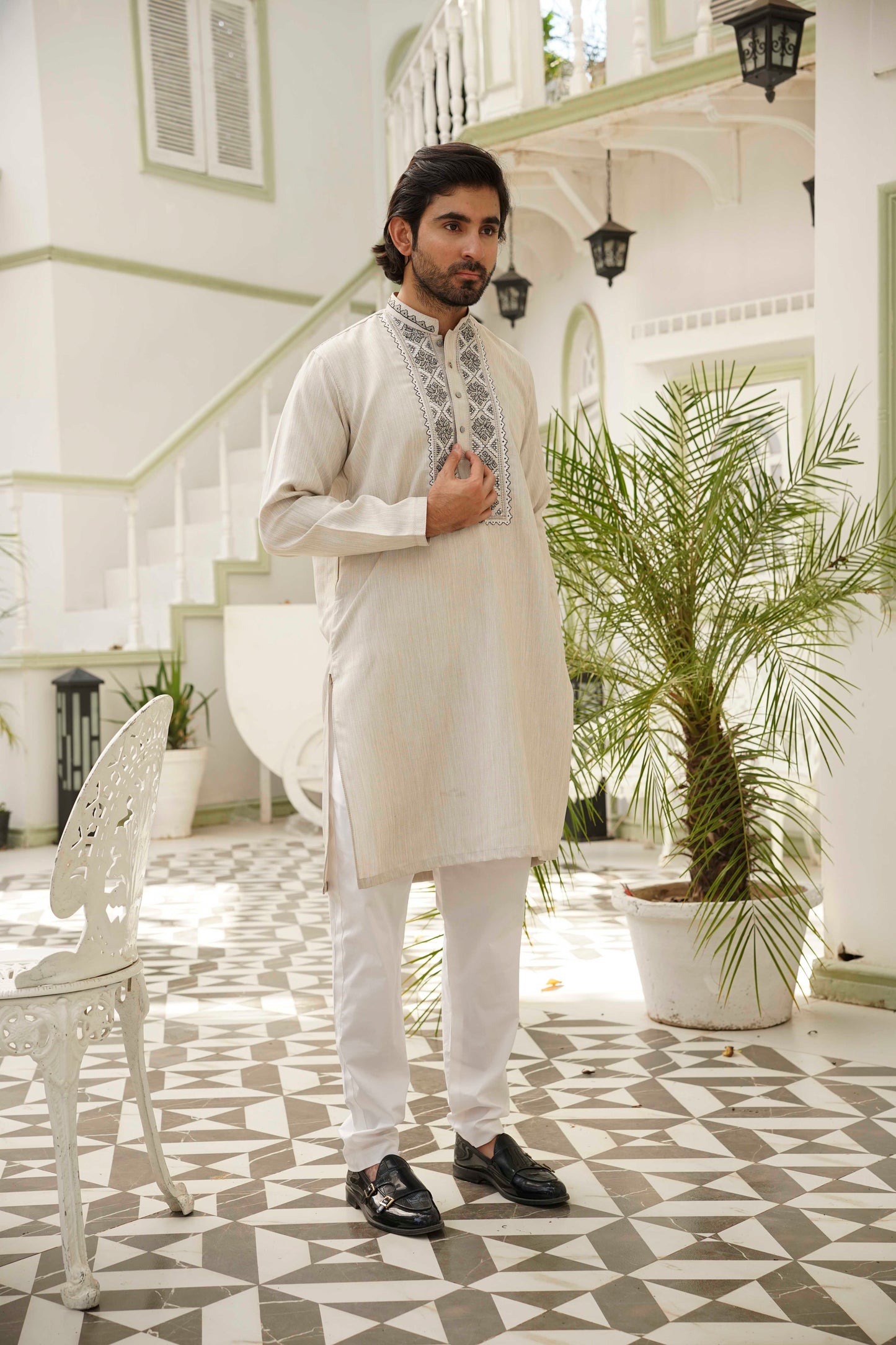 Grey Hand Embroidered Kurta Set – Stitched