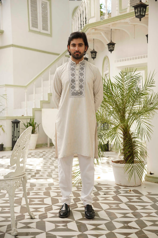 Grey Hand Embroidered Kurta Set – Stitched