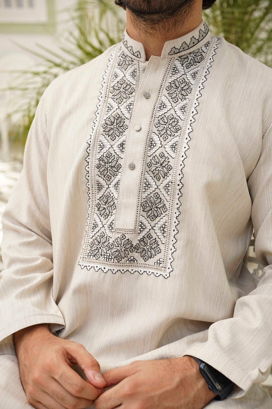 Grey Hand Embroidered Kurta Set – Stitched