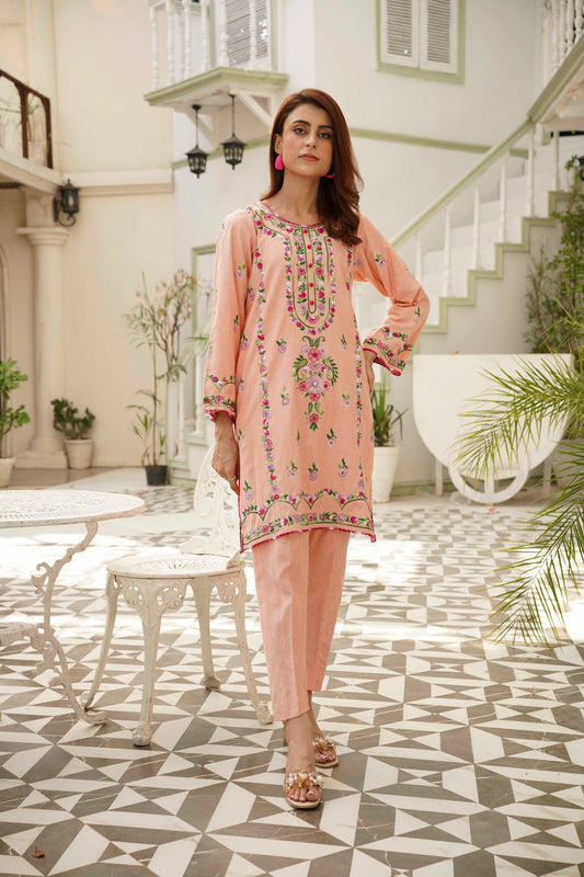 Peach Hand Embroidered Kurti – Stitched