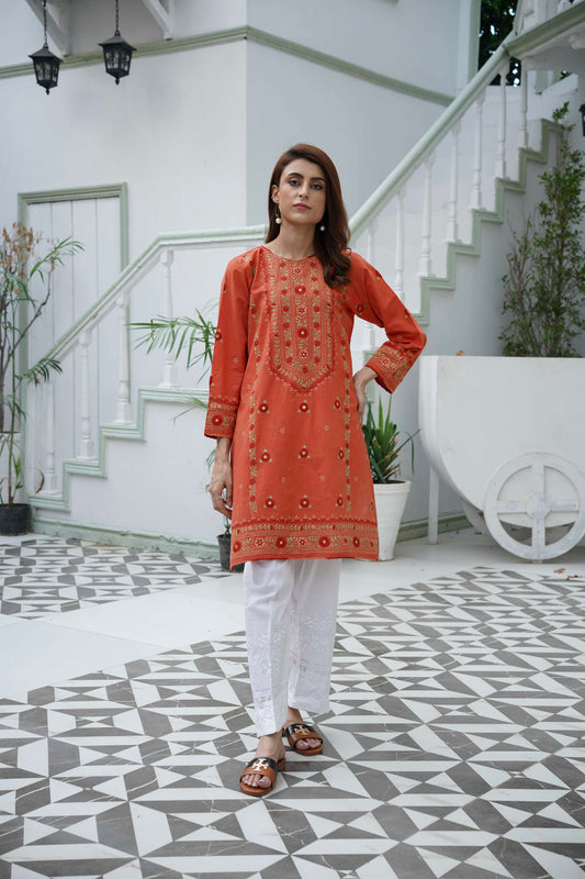 Burnt Orange Mirror Work Kurti – Stitched