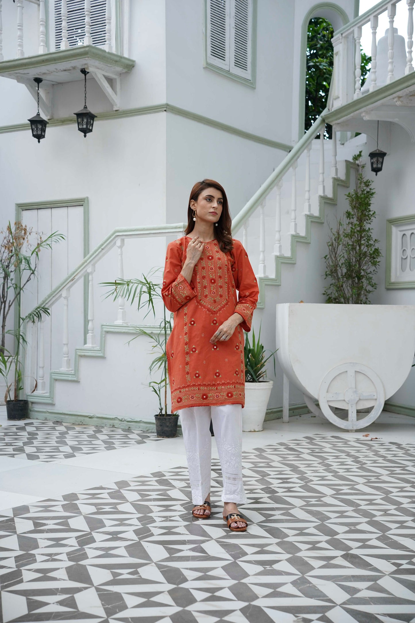 Burnt Orange Mirror Work Kurti – Stitched