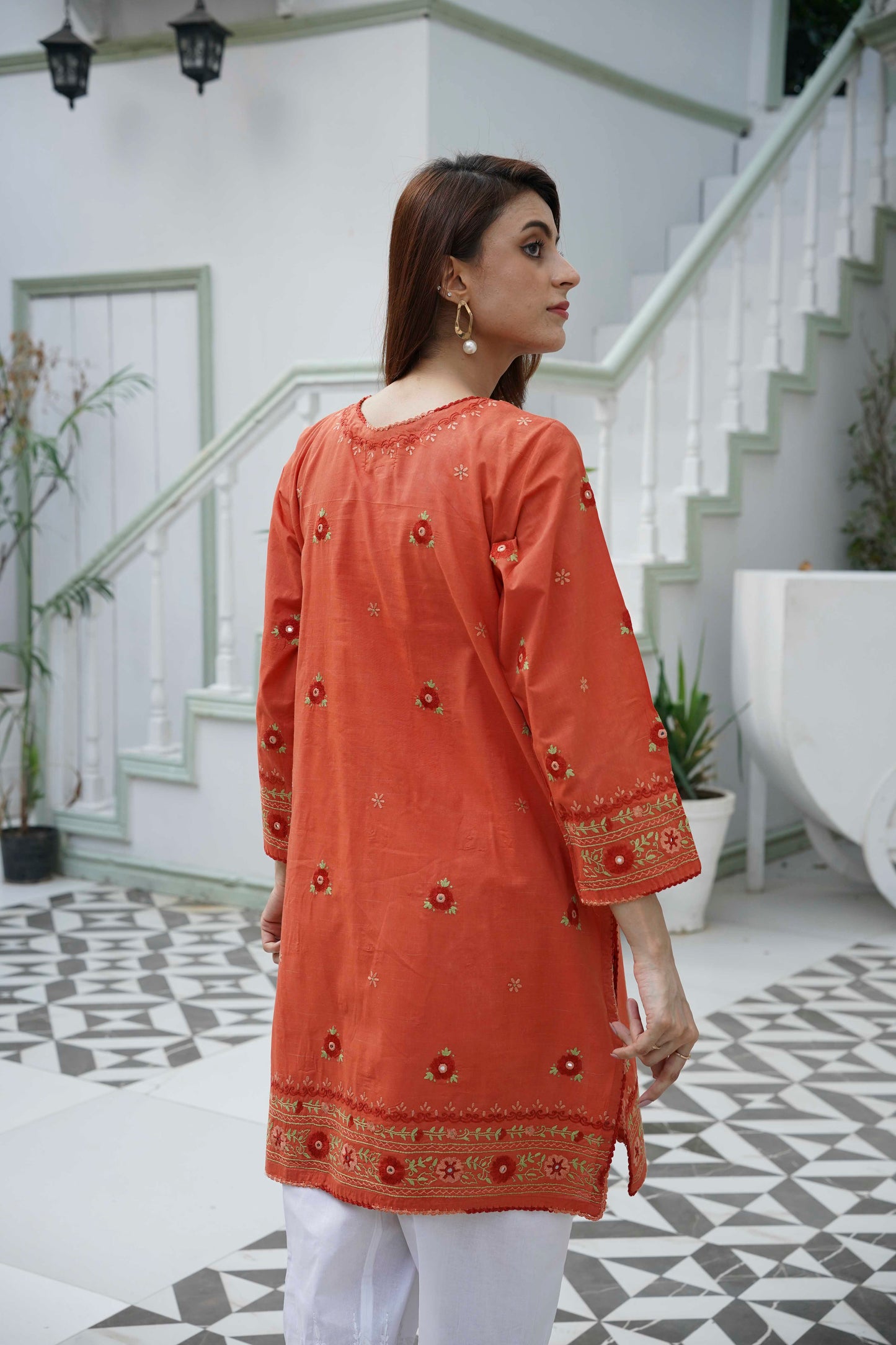 Burnt Orange Mirror Work Kurti – Stitched