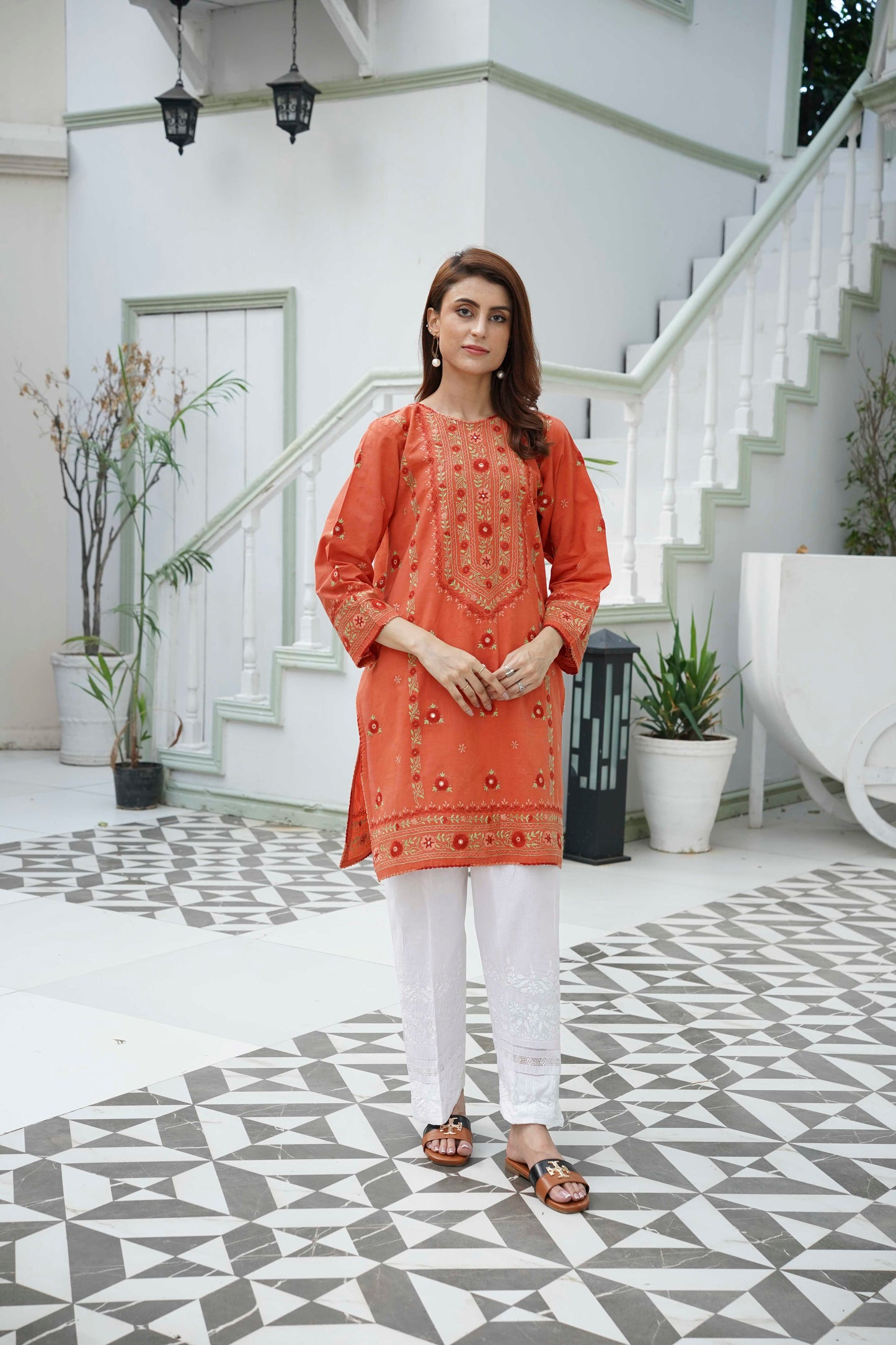 Burnt Orange Mirror Work Kurti – Stitched