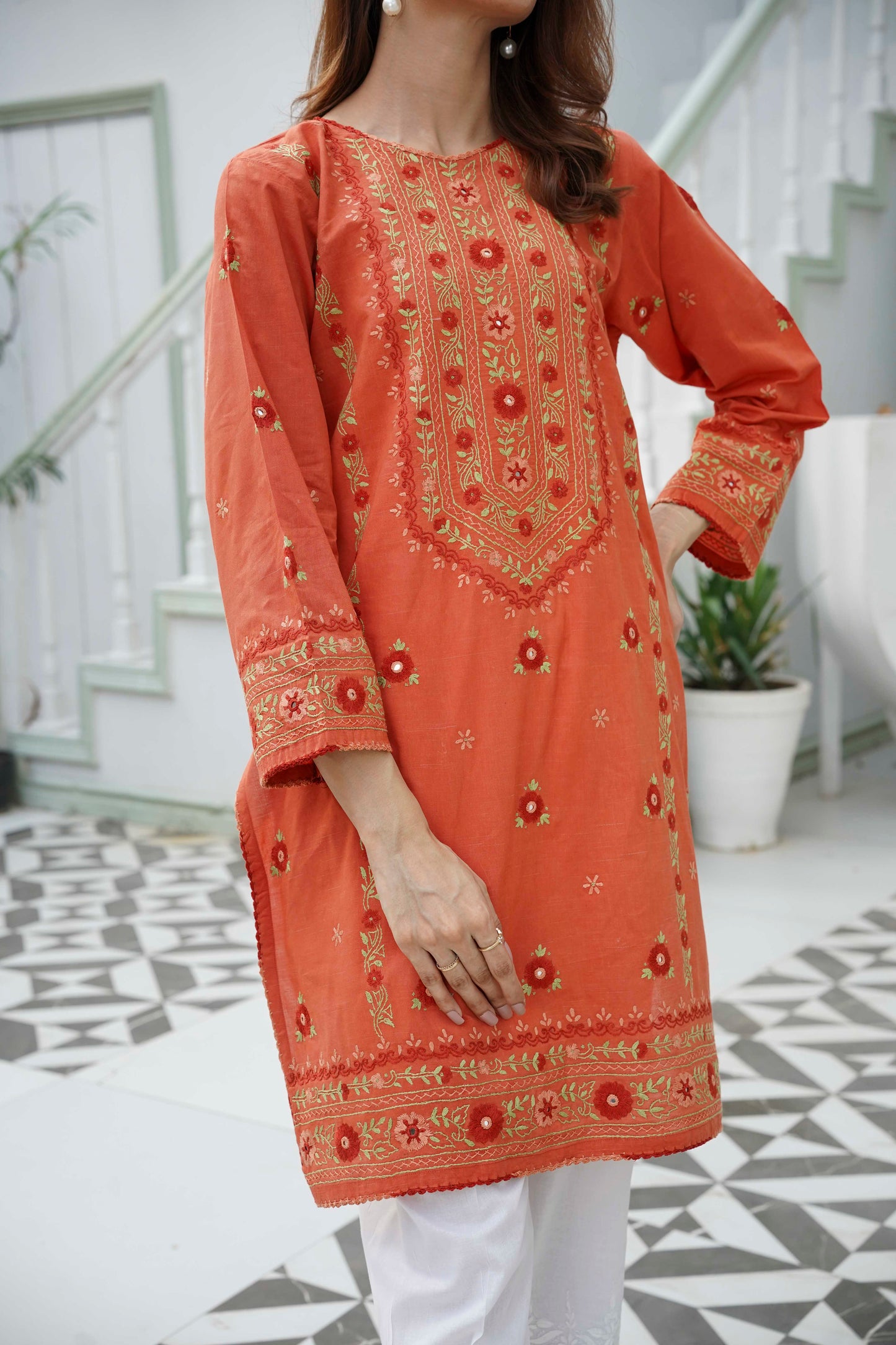 Burnt Orange Mirror Work Kurti – Stitched