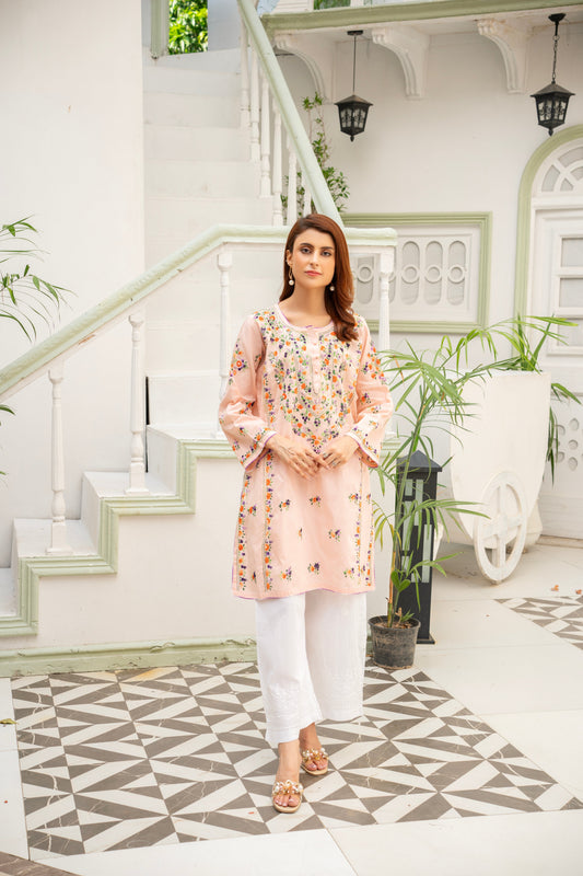 Light Peach Hand Embroidered Kurti – Stitched