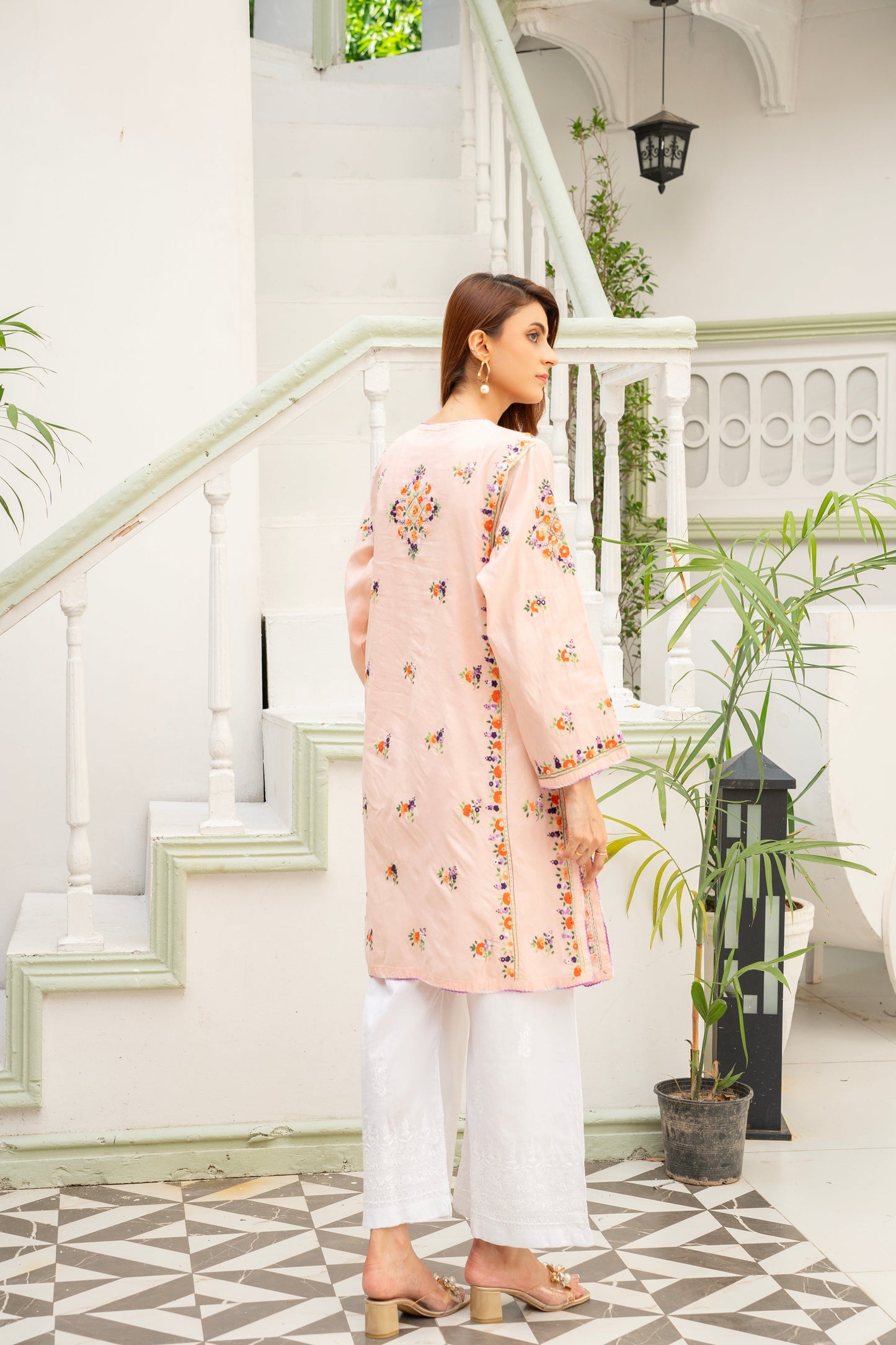 Light Peach Hand Embroidered Kurti – Stitched