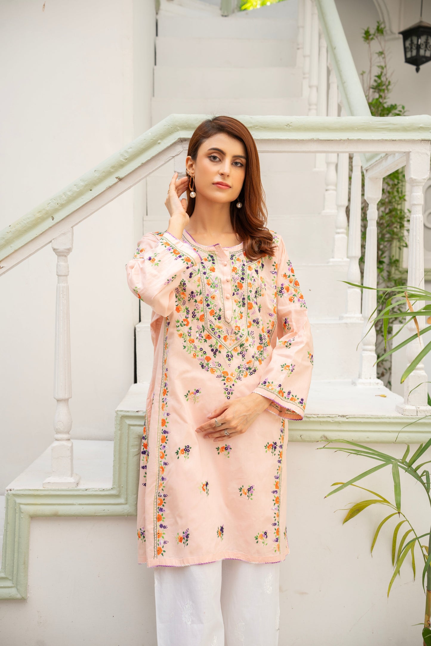 Light Peach Hand Embroidered Kurti – Stitched