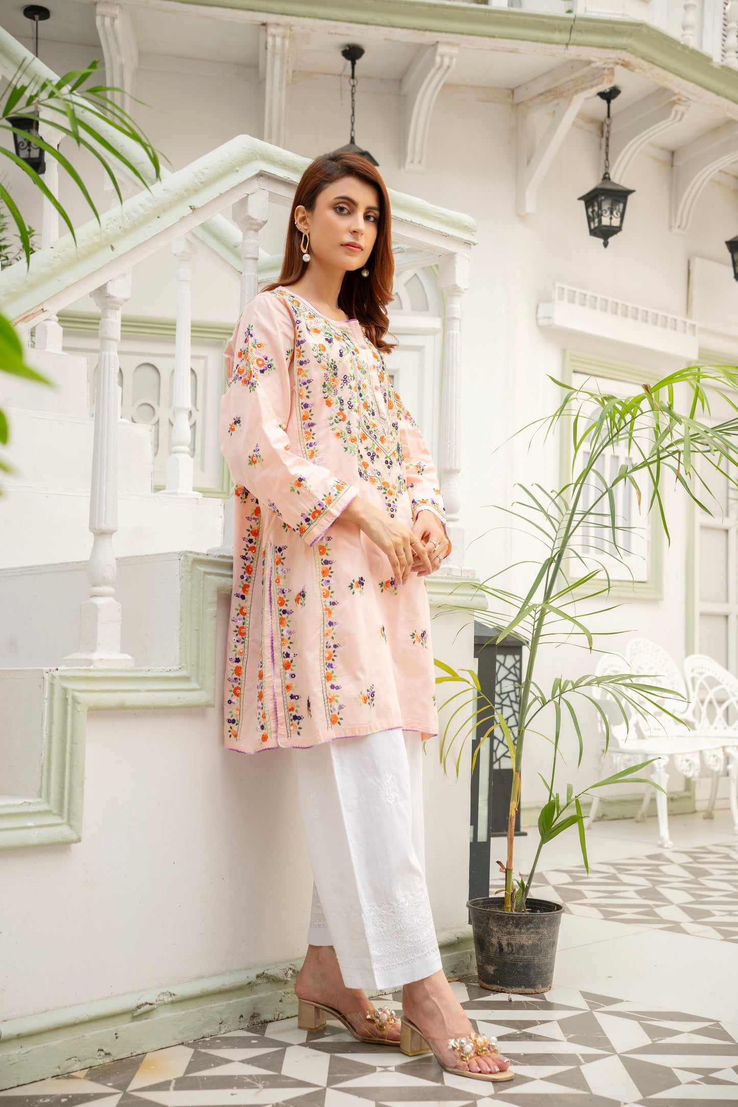 Light Peach Hand Embroidered Kurti – Stitched
