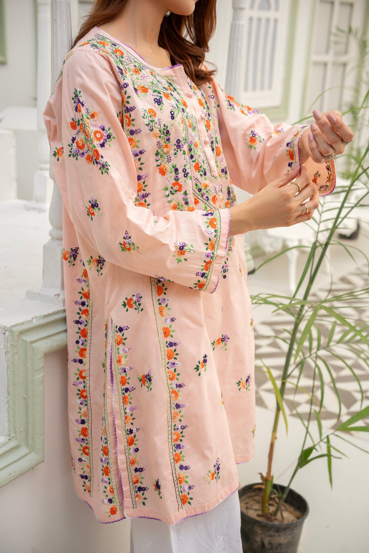 Light Peach Hand Embroidered Kurti – Stitched