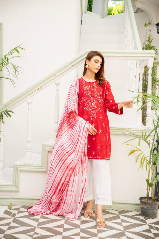 Maroon Hand Embroidered Kurti with Dupatta – Stitched