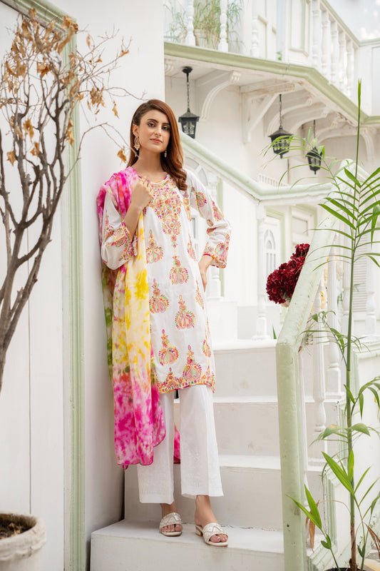 Off White Hand Embroidered Kurti with Dupatta – Stitched