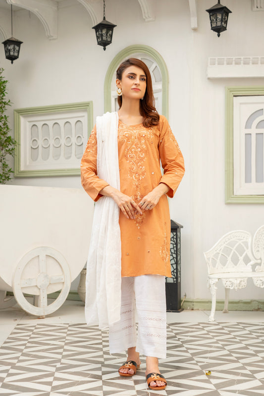 Caramel Hand Embroidered Kurti with Dupatta – Stitched