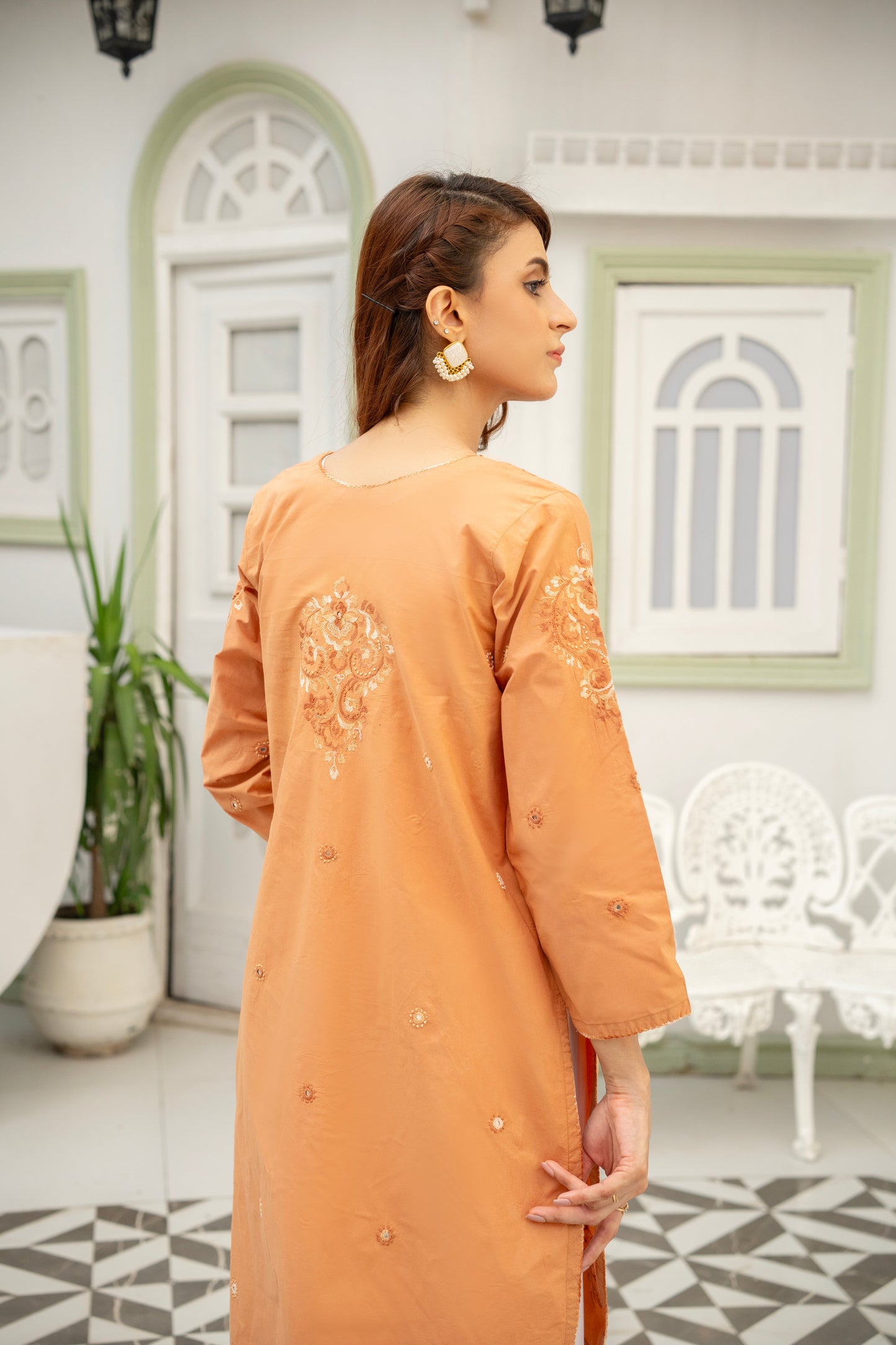 Caramel Hand Embroidered Kurti with Dupatta – Stitched