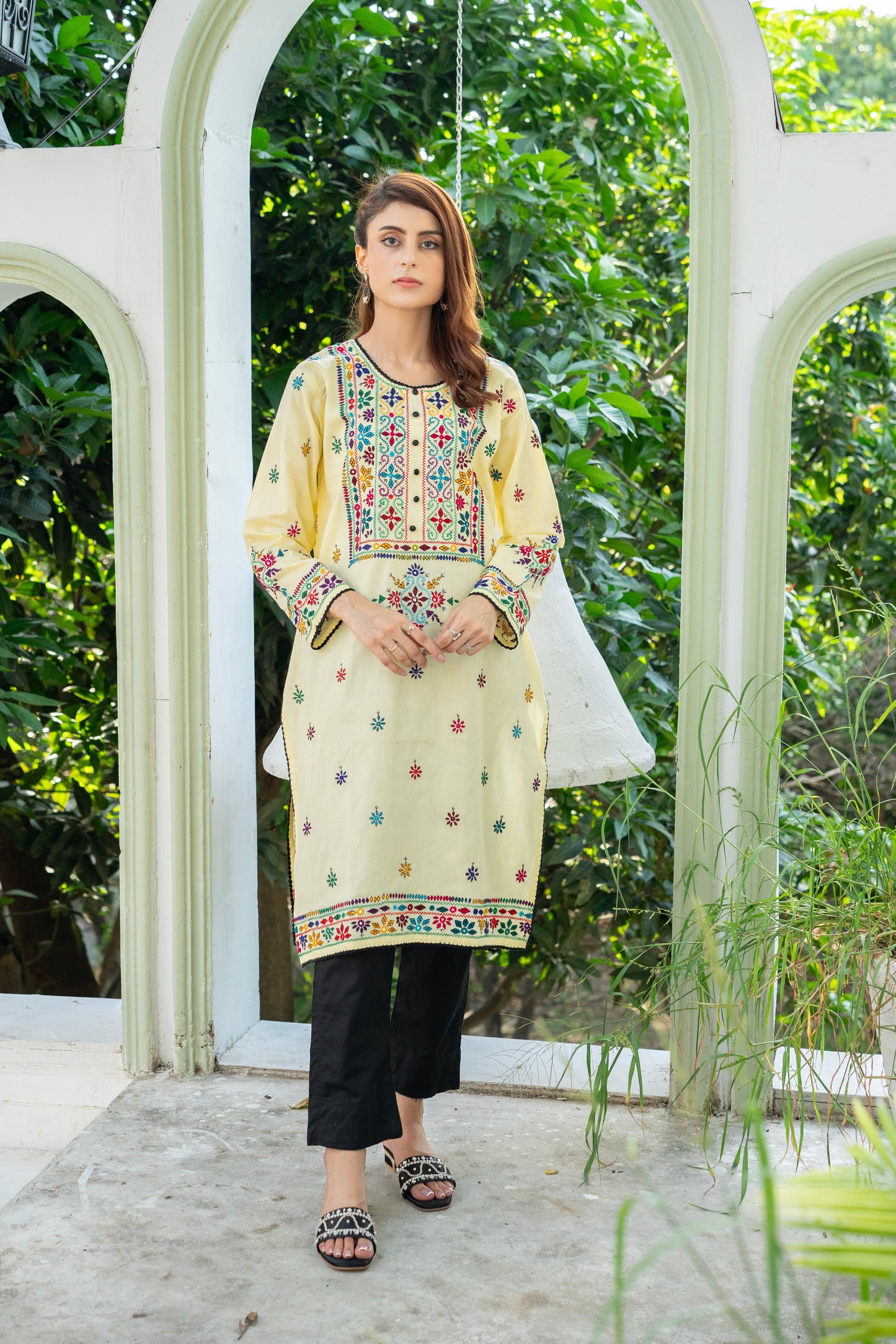 Lime Yellow Mirror Work Kurti – Stitched