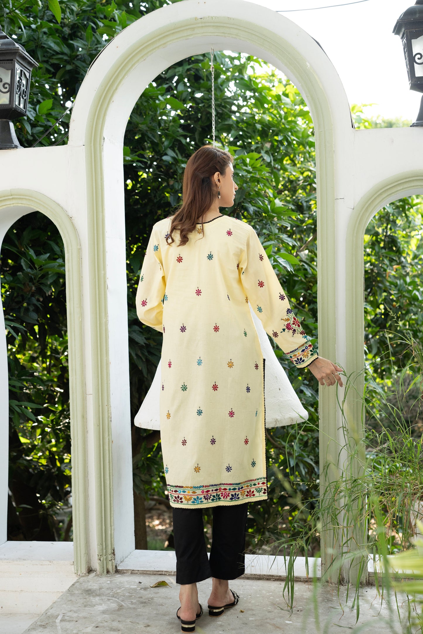 Lime Yellow Mirror Work Kurti – Stitched