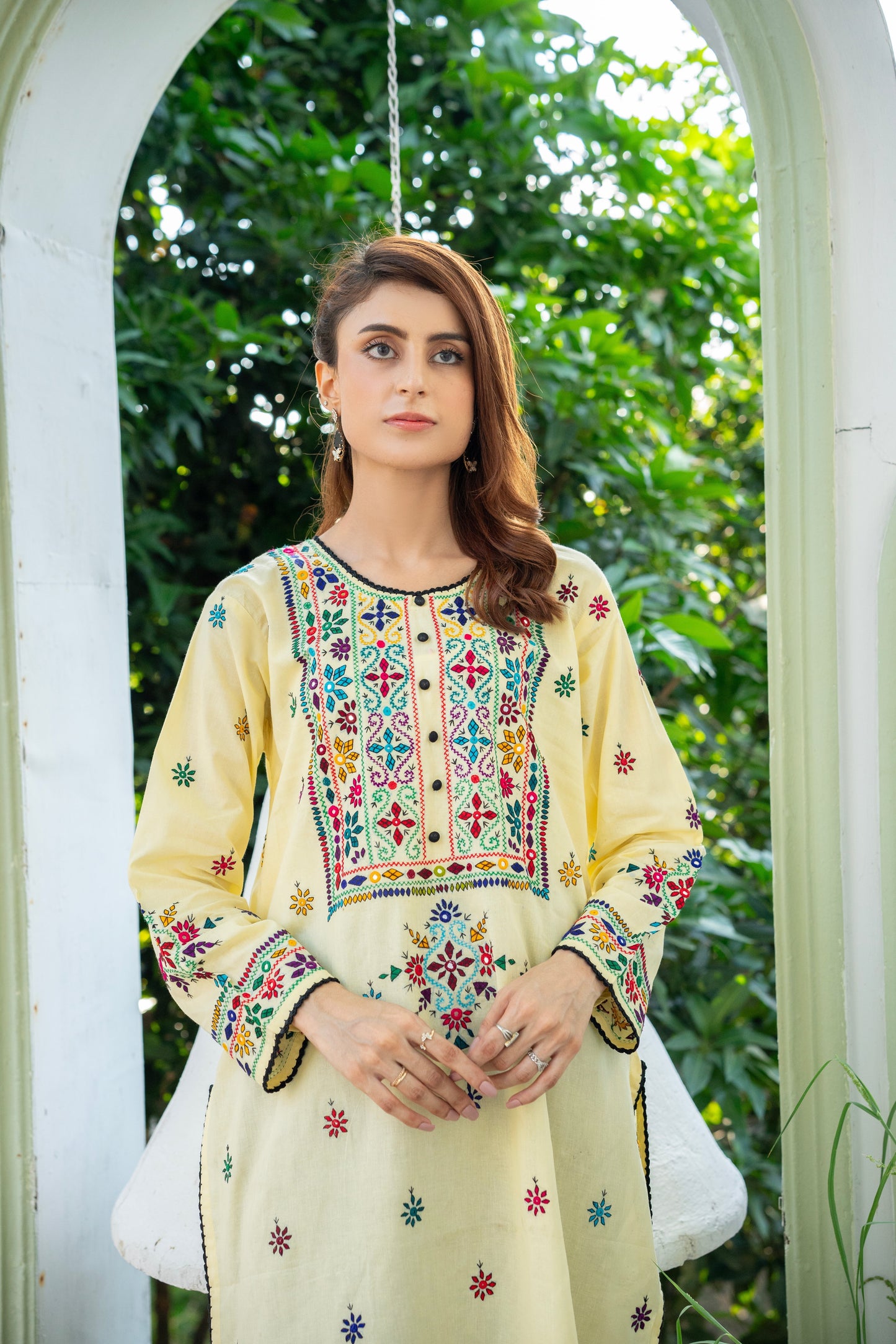 Lime Yellow Mirror Work Kurti – Stitched