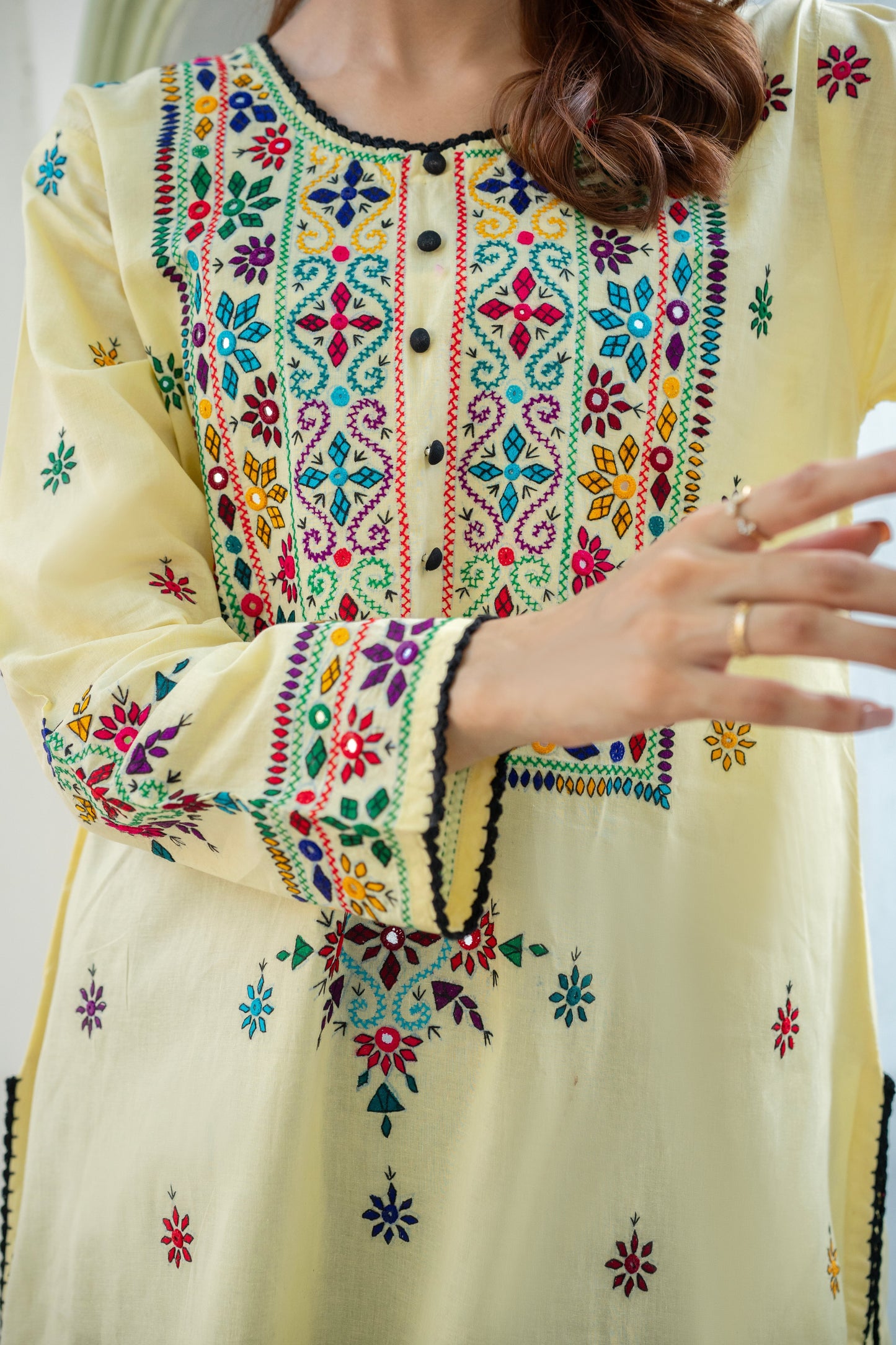 Lime Yellow Mirror Work Kurti – Stitched