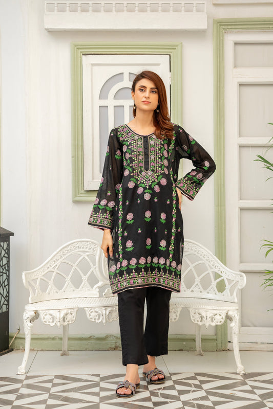 Black Floral Hand Embroidered Kurti – Stitched