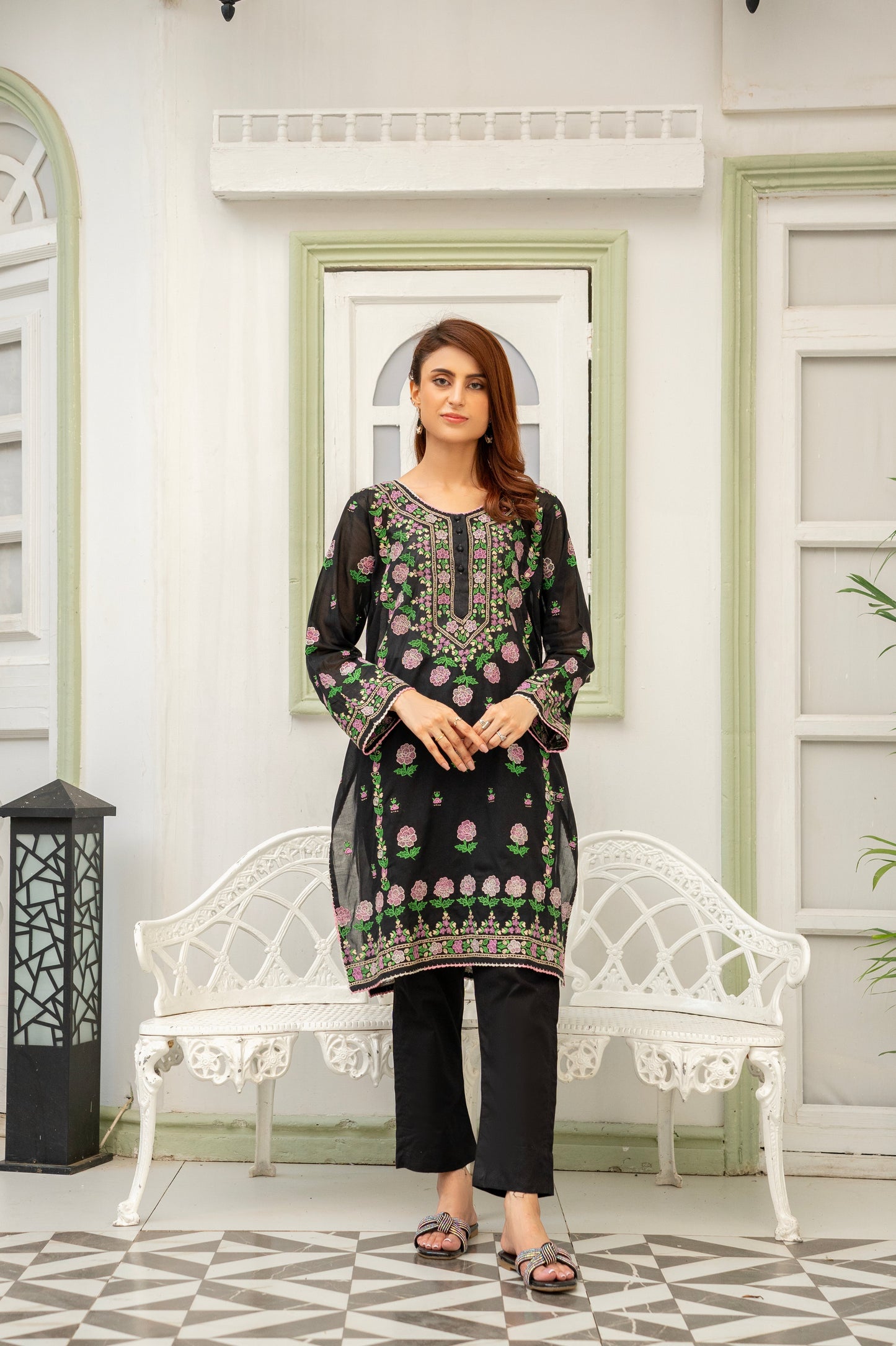 Black Floral Hand Embroidered Kurti - Rameen Roshany