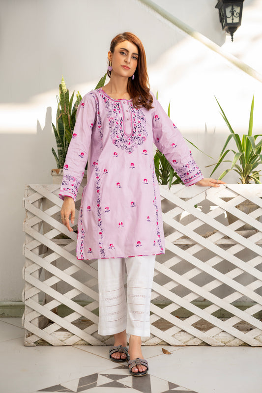 Light Purple Hand Embroidered Kurti – Stitched