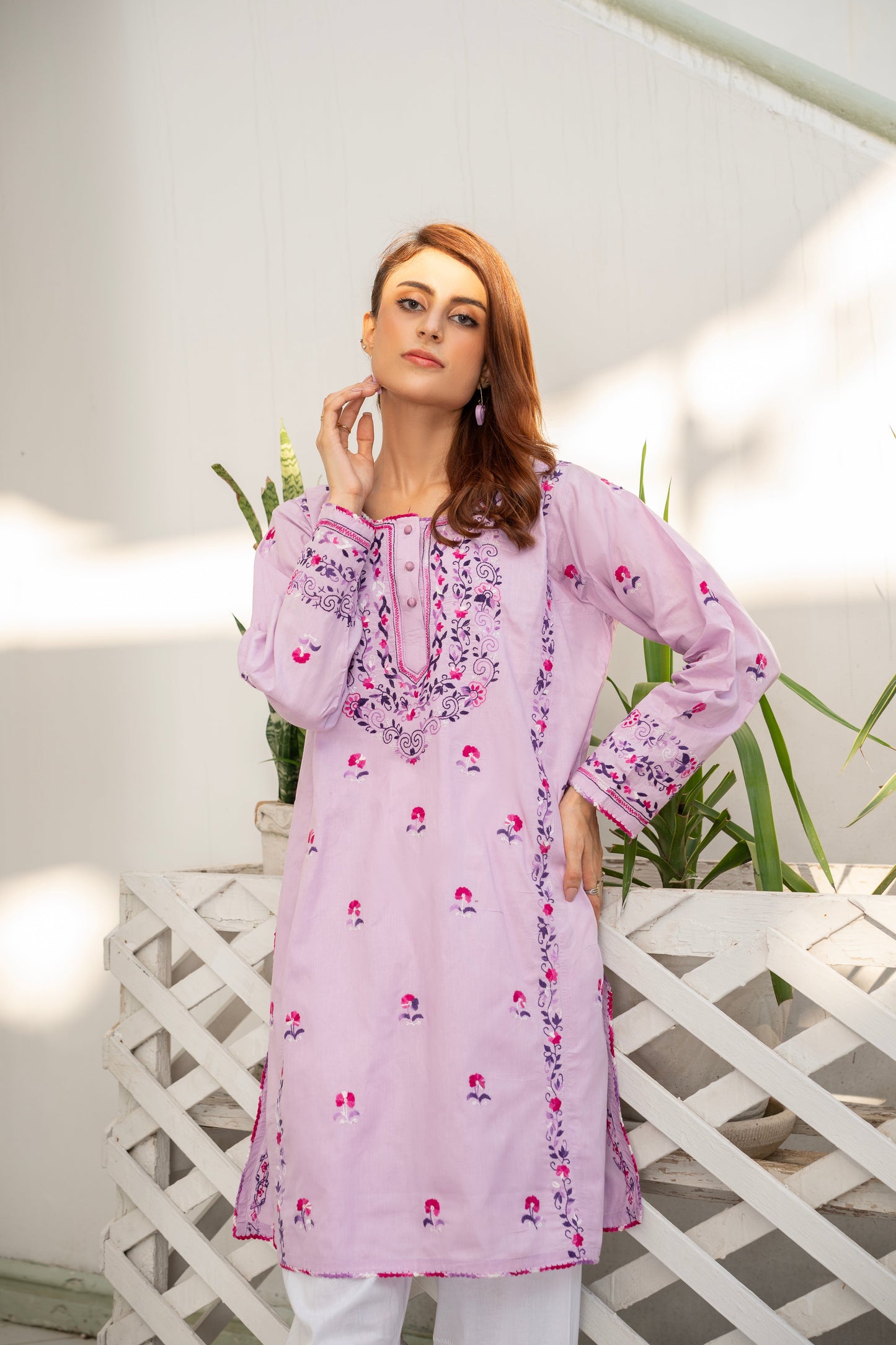 Light Purple Hand Embroidered Kurti – Stitched
