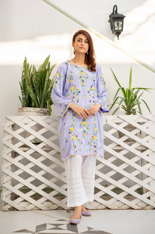 Lavender Silk Hand Embroidered Kurti – Stitched