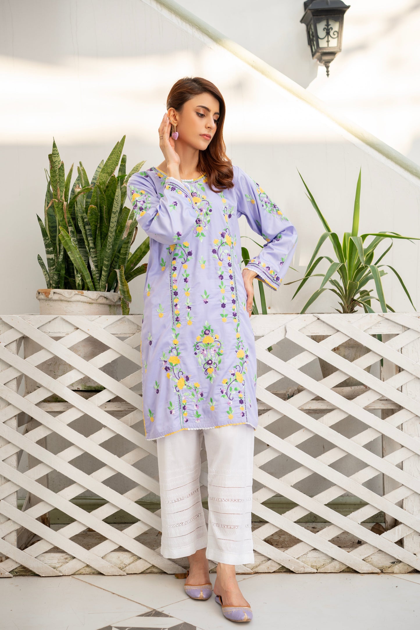 Lavender Silk Hand Embroidered Kurti – Stitched