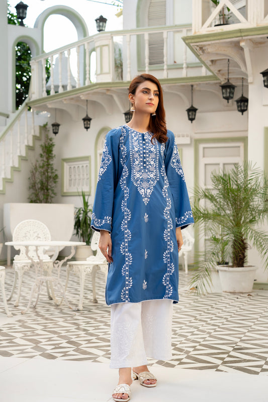 Sea Blue Hand Embroidered Kurti – Stitched