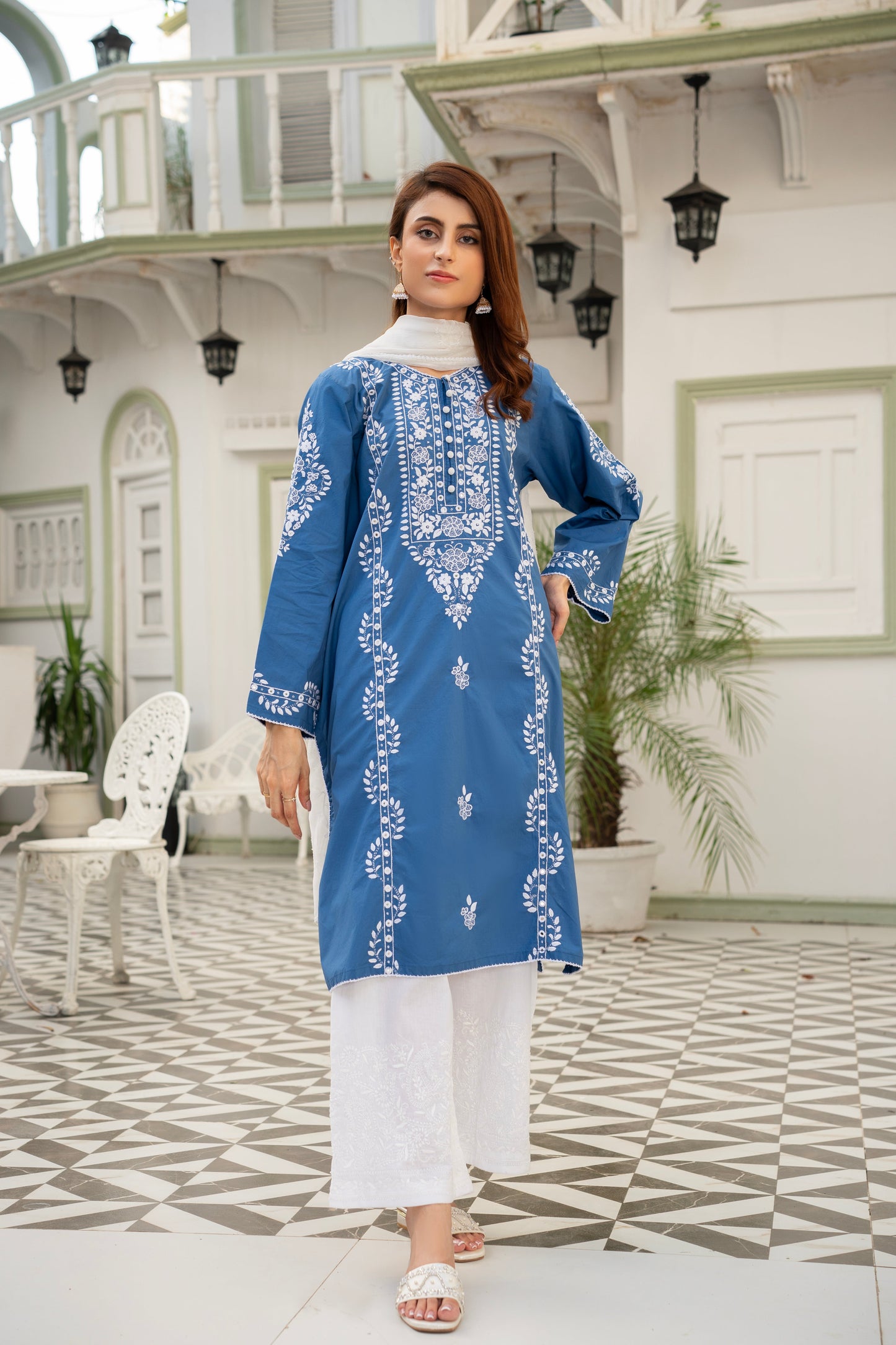 Sea Blue Hand Embroidered Kurti – Stitched