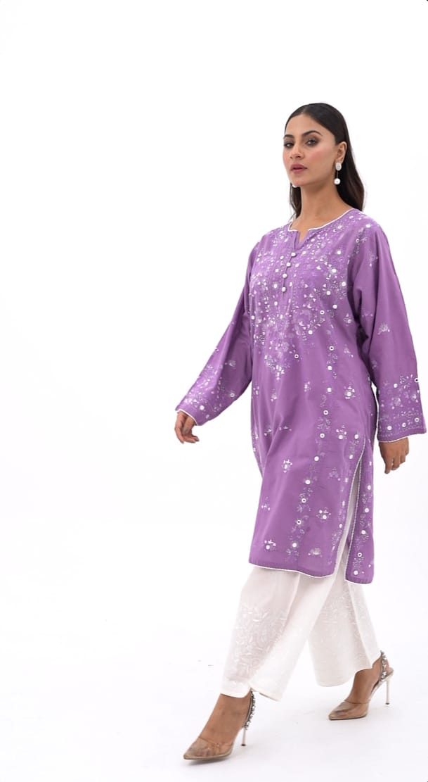 Lilac Mirror Work Embroidered Kurti
