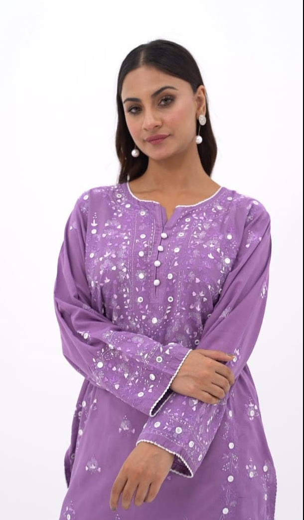 Lilac Mirror Work Embroidered Kurti