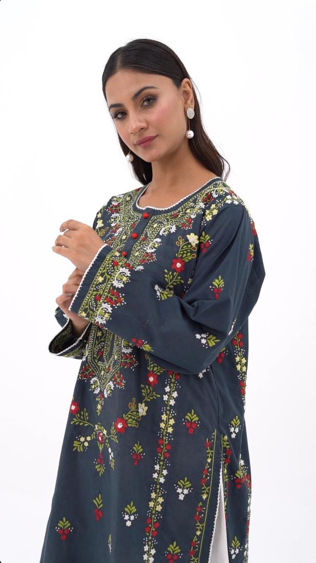 Black Multicolour Floral Embroidered Kurti