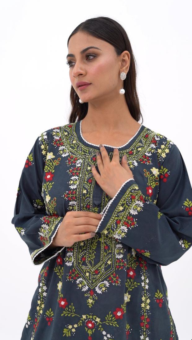 Black Multicolour Floral Embroidered Kurti
