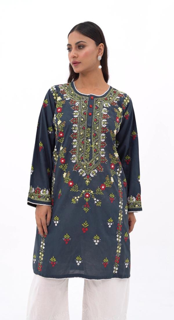 Black Multicolour Floral Embroidered Kurti