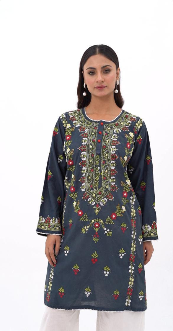Black Multicolour Floral Embroidered Kurti
