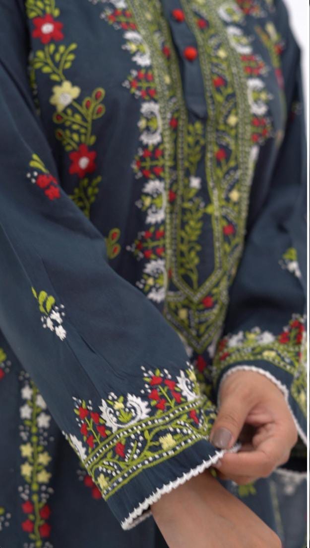 Black Multicolour Floral Embroidered Kurti