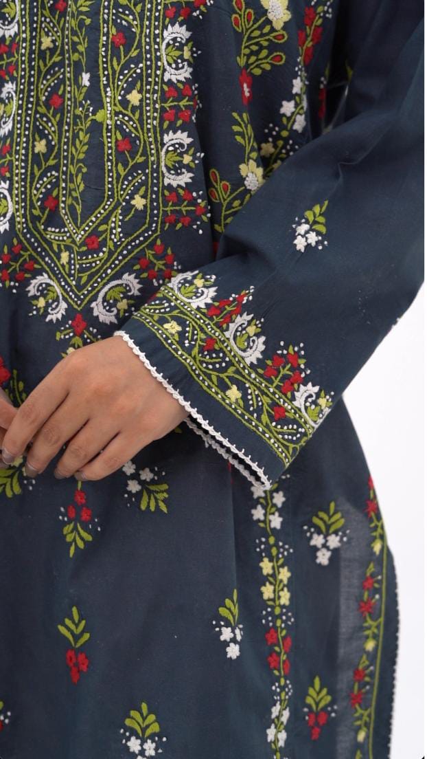 Black Multicolour Floral Embroidered Kurti
