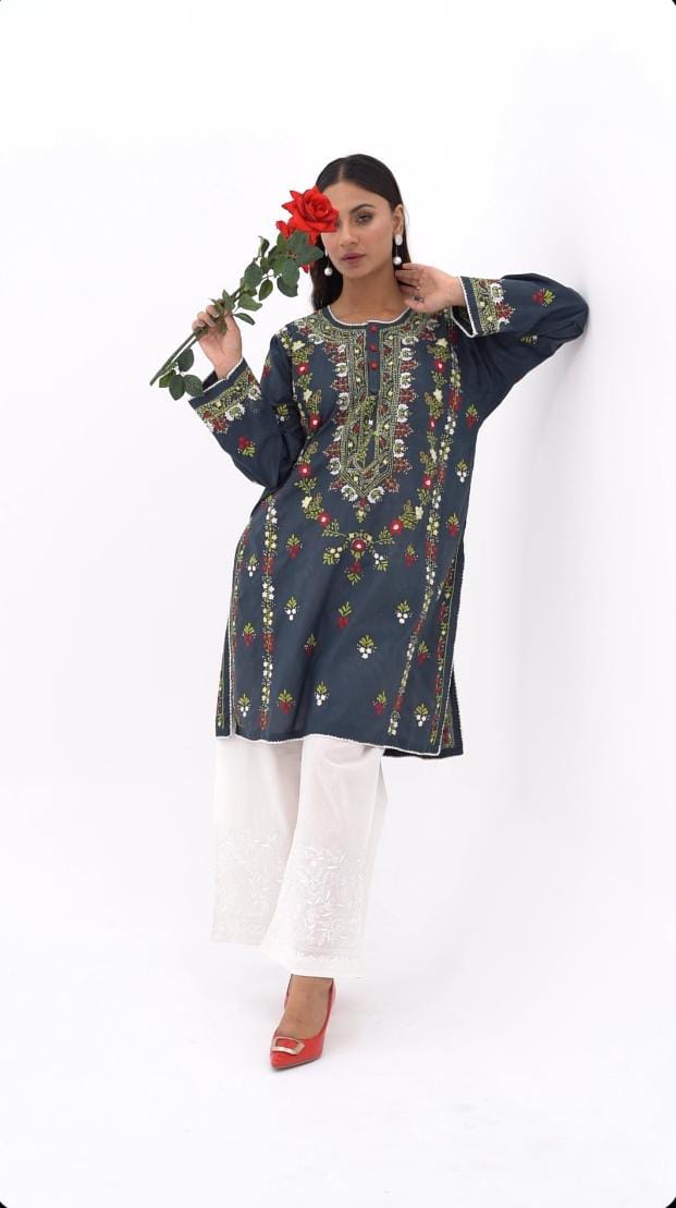 Black Multicolour Floral Embroidered Kurti