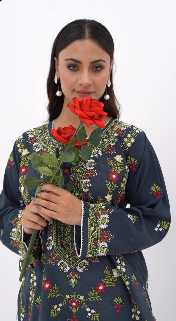 Black Multicolour Floral Embroidered Kurti