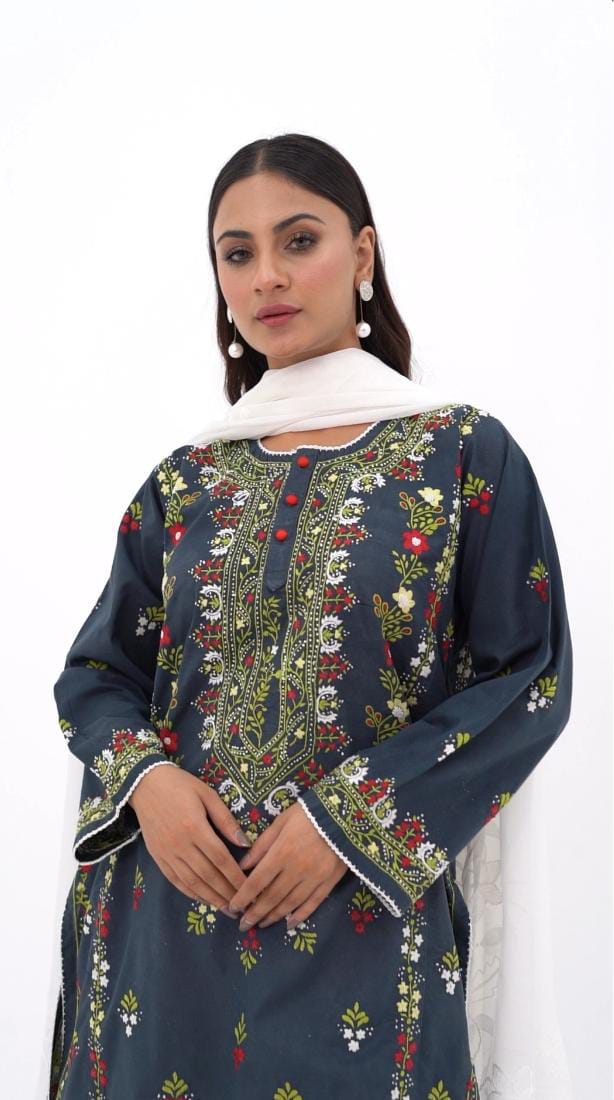 Black Multicolour Floral Embroidered Kurti