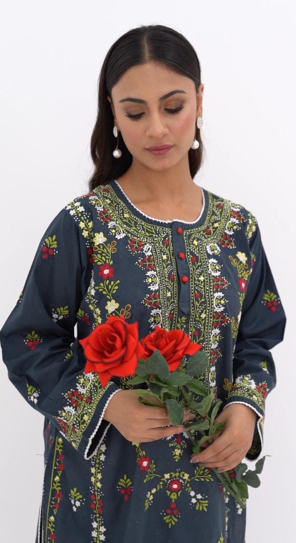 Black Multicolour Floral Embroidered Kurti