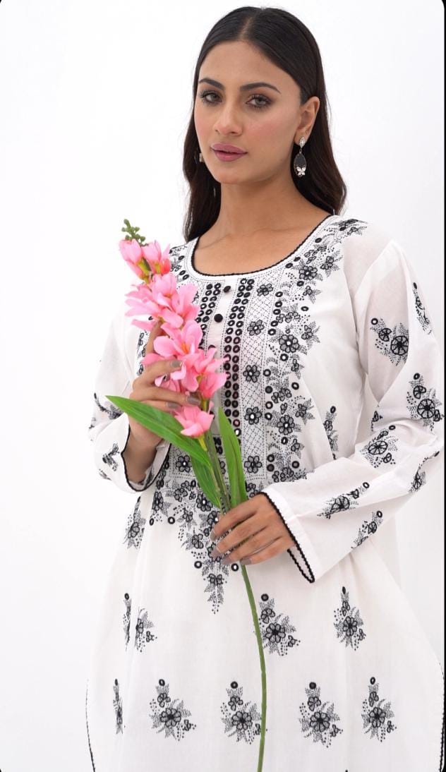 White Mirror Work Embroidered Kurti