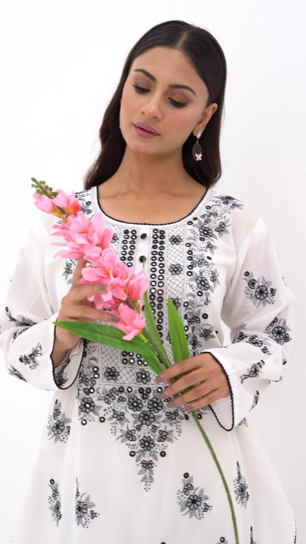 White Mirror Work Embroidered Kurti