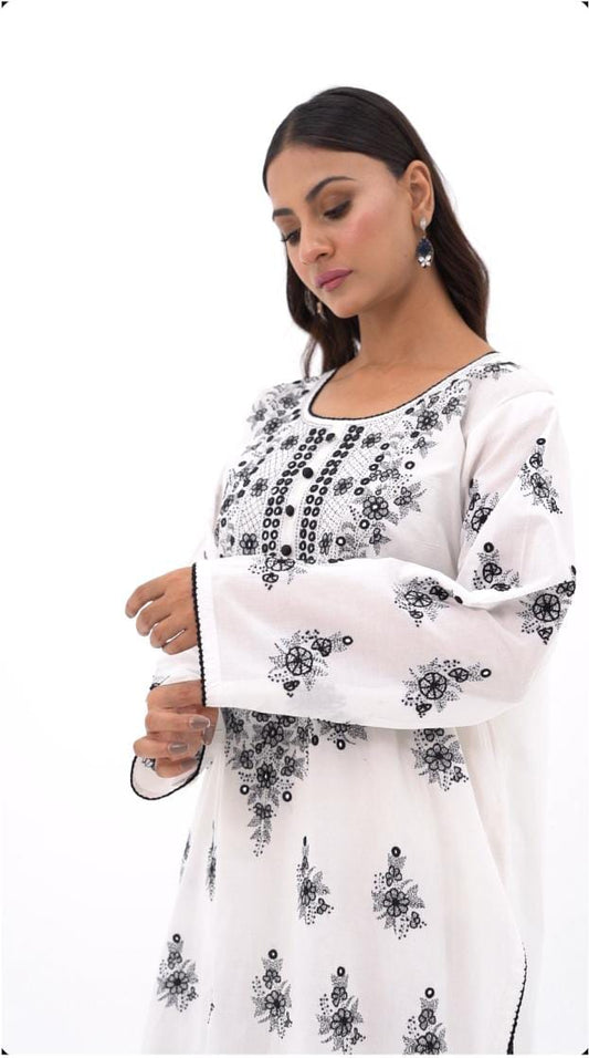 White Mirror Work Embroidered Kurti