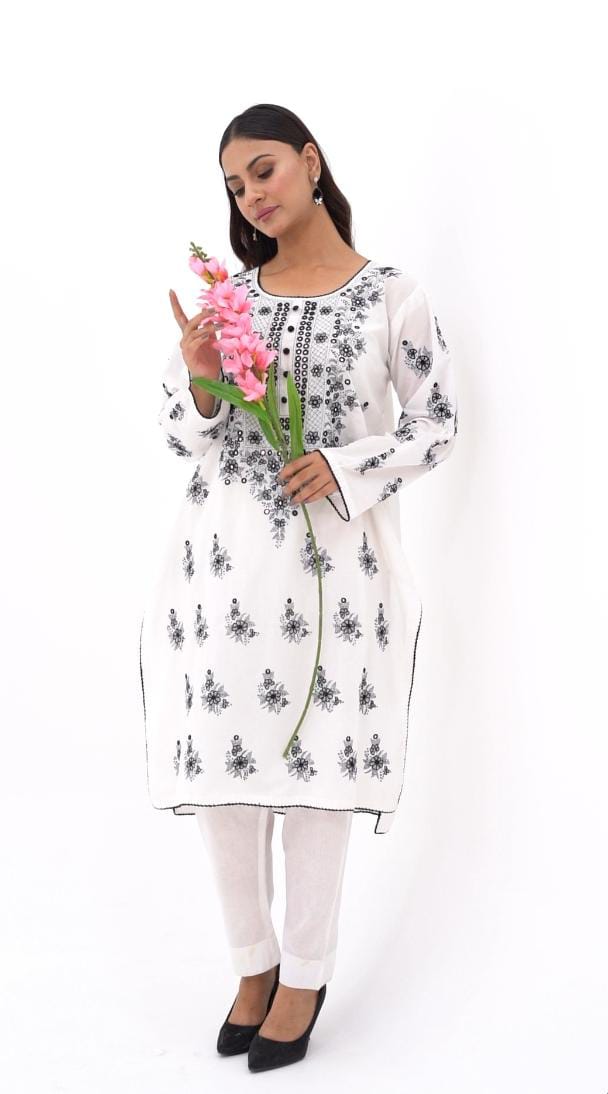 White Mirror Work Embroidered Kurti