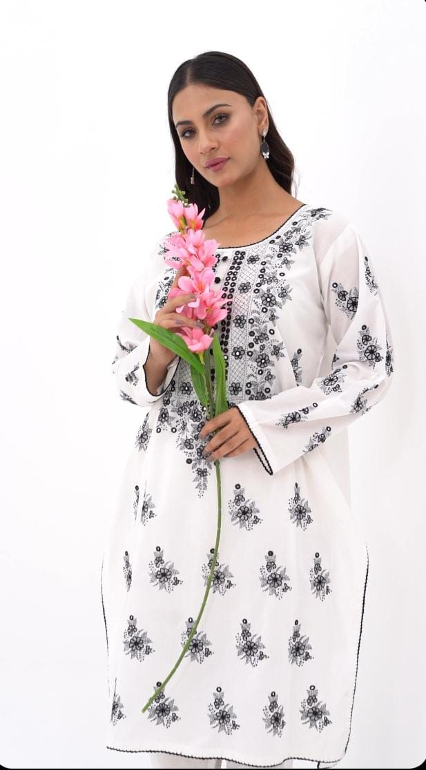 White Mirror Work Embroidered Kurti